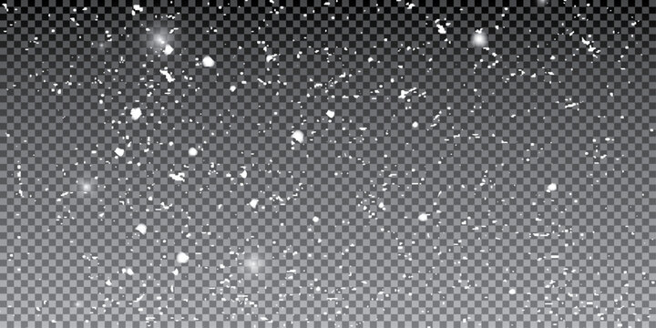 Snow falling on transparent background. Vector realistic illustration of blurred sparkling snowflakes flying in air, winter holiday snowfall, snowy frosty weather, xmas card design, overlay effect