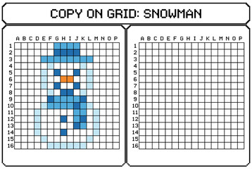 Fototapeta premium Educational activity worksheet for kids featuring a snowman grid 