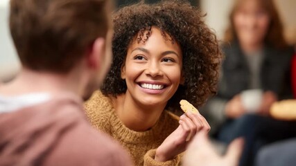 Medium shot of colleagues sharing a healthy snack during a wellness break emphasizing nutrition and social connection for wellbeing.