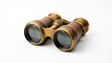 Bin&oacute;culo Antigo, Vintage Brass Binoculars with Leather Grip Isolated on White Background, Classic Optical Instrument