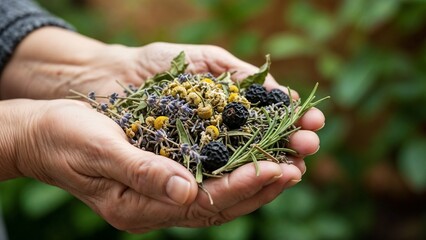 Elderly Hand Holding Herbal Mixture for Alternative Medicine, Wellness Blogs, Holistic Healing Websites, Natural Remedies Education, and Health Awareness Articles