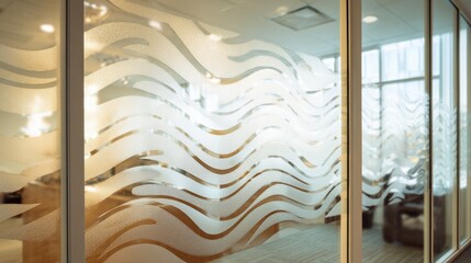 Modern office glass partition with wavy frosted design for privacy and aesthetic interior decor