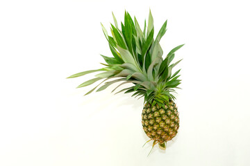 Fototapeta premium A fresh green pineapple with a long spiky crown, diagonally positioned against a bright white background. Showcasing natural textures and vibrant tropical hues