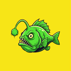 Vibrant green deep-sea predator illustration with sharp teeth and glowing lure, a menacing yet whimsical aquatic creature in bold cartoon vector art, perfect for captivating designs