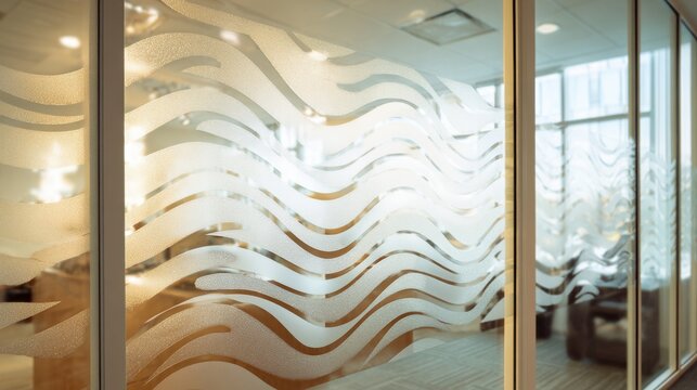Modern office glass partition with wavy frosted design for privacy and aesthetic interior decor