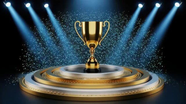 Golden trophy cup on a multilayered gold and silver stage with spotlights