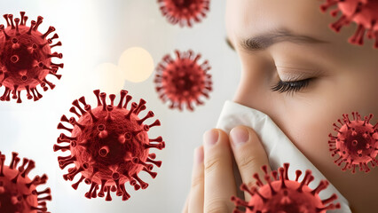 Person sneezing with floating virus particles