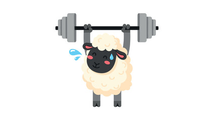 Cute cartoon sheep lifting heavy barbell with determination and sweat drops