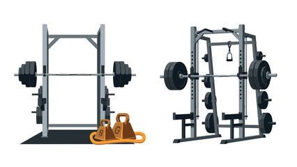 Modern gym equipment with barbell, plates, and kettlebells for fitness and strength training