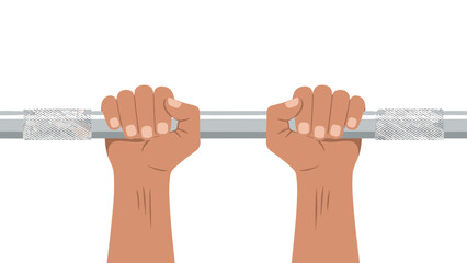 Hands gripping barbell for strength training and fitness in flat design