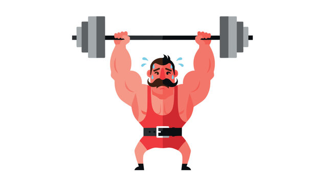 Strongman lifting weights in cartoon style with mustache and red outfit
