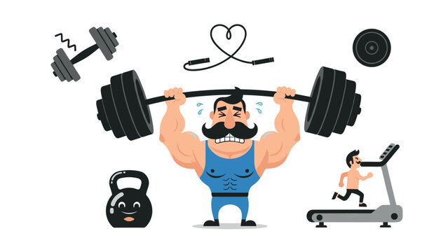Cartoon strongman weightlifting with gym equipment and treadmill runner