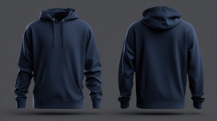 Navy blue hoodie sweatshirt mockup template featuring front and back views on a dark grey background