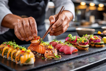 Expert sushi chef carefully arranging colorful sushi rolls for an elegant dining experience