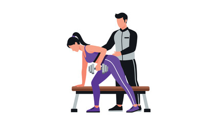 Personal trainer assisting woman with dumbbell exercise in gym setting