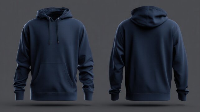 Navy blue hoodie sweatshirt mockup template featuring front and back views on a dark grey background