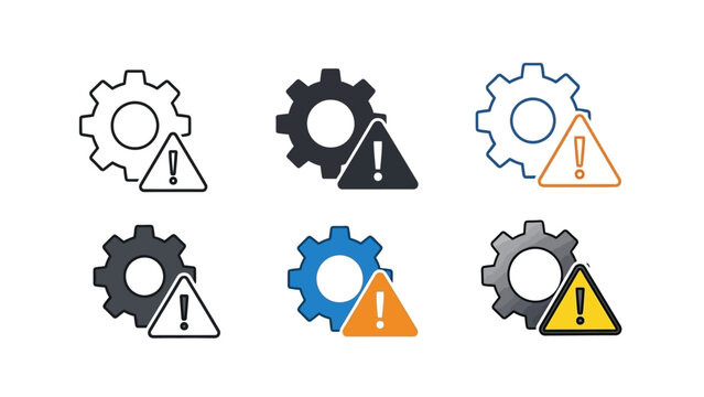 Solid sleek system settings error and warning icons, featuring a gear and alert triangle, perfect for technical issue notifications in software interfaces