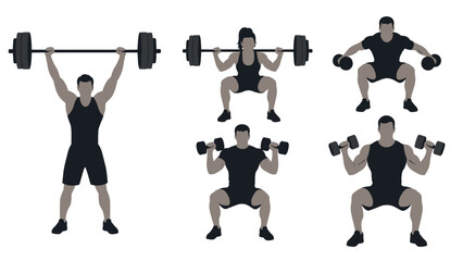 Silhouette fitness icons: diverse weightlifting and workout poses for exercise inspiration