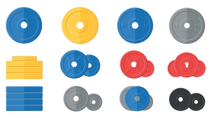 Colorful gym weight plates set on white background for fitness training inspiration