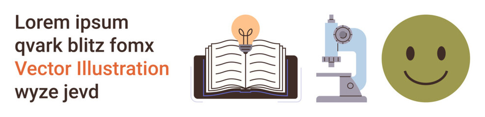 Fototapeta premium Education, research, creativity, science, inspiration, positivity. Open book with a light bulb, a microscope for research and a happy face icon. Education and research