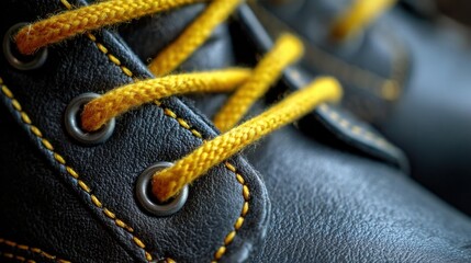 Macro shot of black leather boot laces yellow
