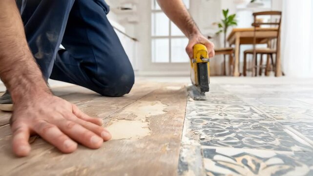 Technician carefully patches damaged linoleum in a cozy residential kitchen restoring worn floors without the need for full replacement with precise tools