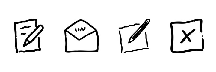 Obraz premium Document And Communication Icons Line Set In Doodle Style. Writing, Messaging, And Task Management Outline Sketch Collection. Hand Drawn Isolated Vector Illustration