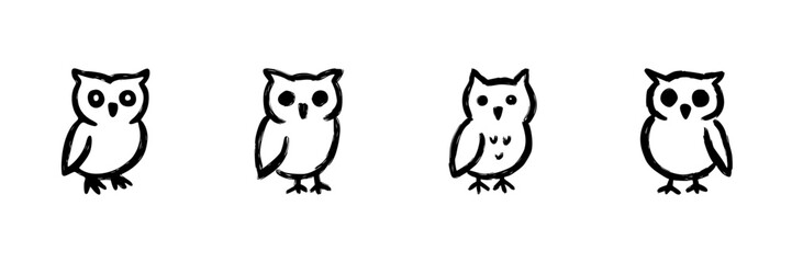 Obraz premium Four Owl Line Icons In Doodle Style. Wisdom, Knowledge, And Nocturnal Animal Representation Outline Sketch Collection. Hand Drawn Isolated Vector Illustration