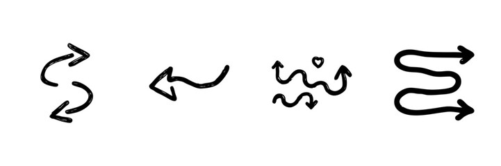 Fototapeta premium Curved Arrows Line Icon Set In Doodle Style. Directional Movement And Navigation Outline Sketch Collection. Pathfinding And Decision-Making Symbols. Hand Drawn Isolated Vector Illustration
