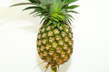 A vibrant green pineapple with a lush, spiky crown, showcasing detailed scale textures. Set against a minimalist white background for a clean, tropical look