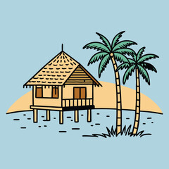  Tropical palm tree,house,beach vector illustration.