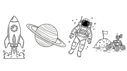 Collection of space exploration icons including a rocket, planet, astronaut, lunar rover, and moon © HUANG