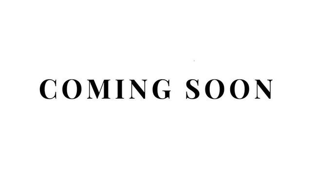"Coming soon" text animation with Roll effect, thin playfair-bd typeface, 4K footage on white background.