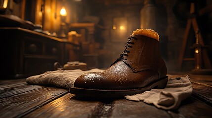 Brown leather boot in workshop.