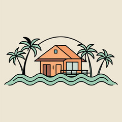  Tropical palm tree,house,beach vector illustration.