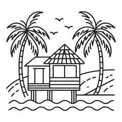 vintage tropical palm tree,house,beach vector line art illustration.