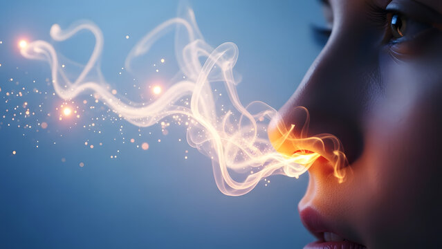 Human nose olfactory system and scent detection illustration