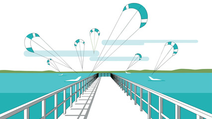 Dynamic coastal scene with pier and colorful kites in a minimalist design