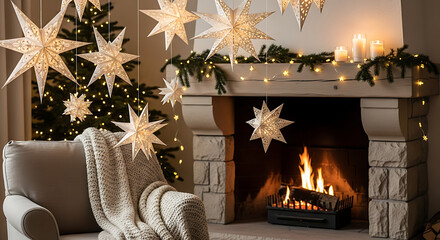 Festive fireplace scene with star decorations cozy ambiance and warm lighting