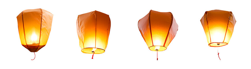 Orange sky lantern with flame isolated on transparent background 
