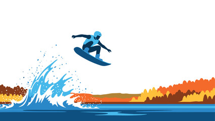Dynamic wakeboarding adventure: thrilling jump on autumn lake