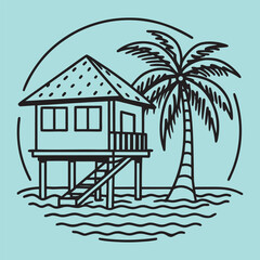 vintage tropical palm tree,house,beach vector line art illustration.