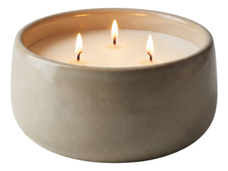 Three-wick scented candle in a ceramic holder, perfect for a large hallway.