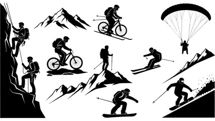Sleek solid vector silhouette collection of dynamic mountain adventure sports, featuring rock climbing, mountain biking, skiing, snowboarding, paragliding, and hiking scenes © HUANG