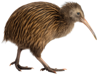 A realistically rendered, fluffy, brown and beige kiwi bird with detailed feather texture and a long, slender beak, stands poised with one leg slightly raised,, isolated on transparent background.