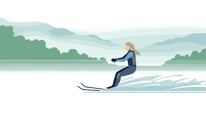 Fototapeta premium Woman water skiing on lake with mountain view in minimalist style