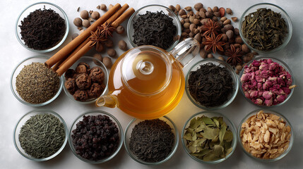 Set of Green, Black and Herbal Tea with Kettle on Beige Background, Organic Hot Drinks Banner, Top View with Copy Space