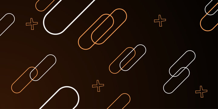 Abstract dark background with orange and white interlocking link shapes and plus signs, featuring a modern geometric pattern for technology, networking, or connection concepts.