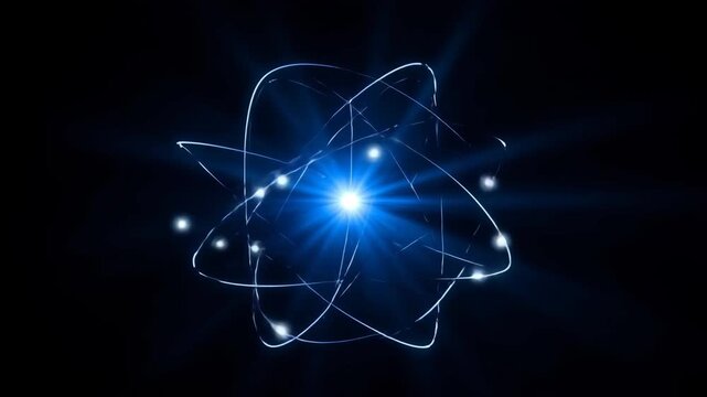 Dynamic Atom Model Spinning with Blue Glowing Light Animation