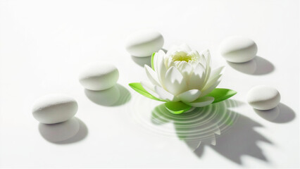 Zen white lotus flower with smooth stones on white background for spa and wellness.